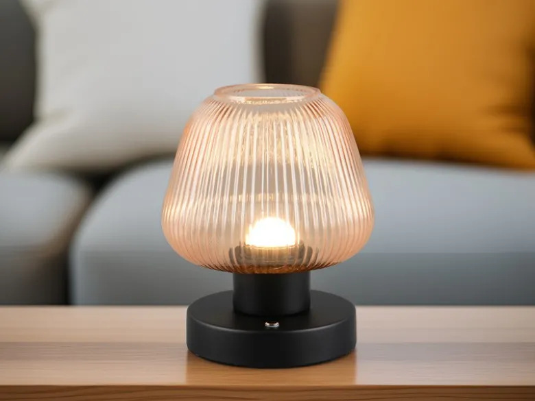 Kabellose LED Akku Tischleuchte QUENYA Glasschirm Bernstein, Höhe 18cm