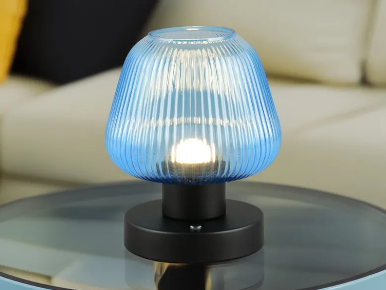 Kabellose LED Akku Tischleuchte QUENYA Glasschirm Blau, Höhe 18cm