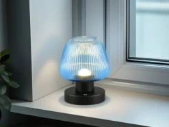 Kabellose LED Akku Tischleuchte QUENYA Glasschirm Blau, Höhe 18cm