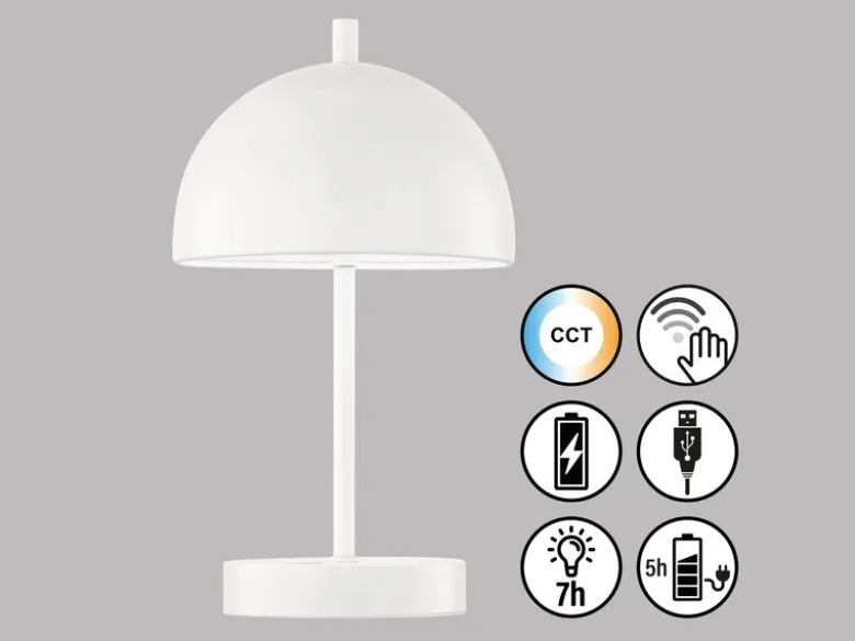 Kabellose Tageslicht Tischlampe KIA Weiß dimmbar & USB, Höhe 27cm