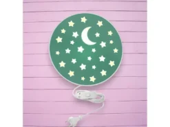 Kinderzimmer Wandlampe mit Mond & Sternen Grün Schalter & Stecker, Ø 25cm