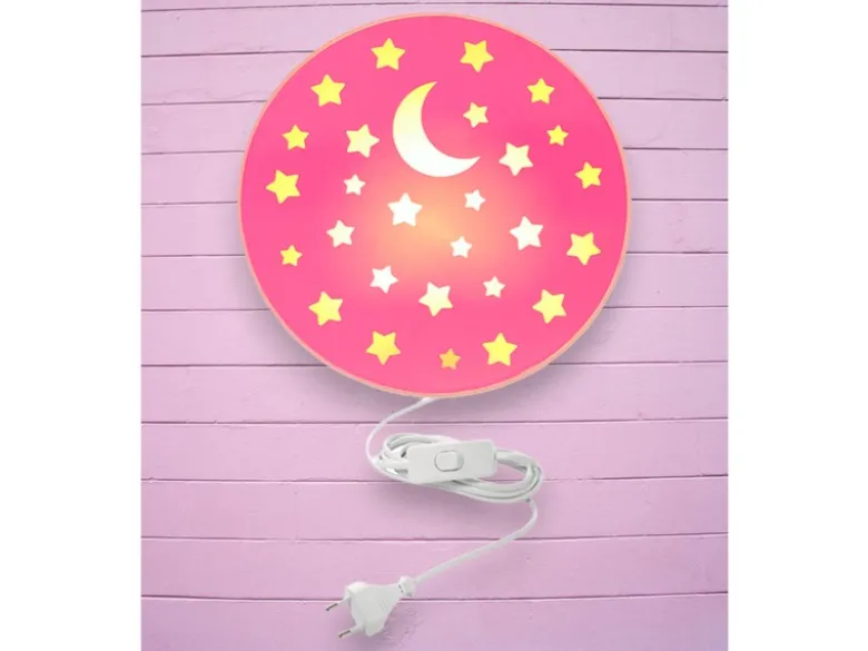 Kinderzimmer Wandlampe mit Mond & Sternen Rosa, Schalter & Stecker Ø25cm