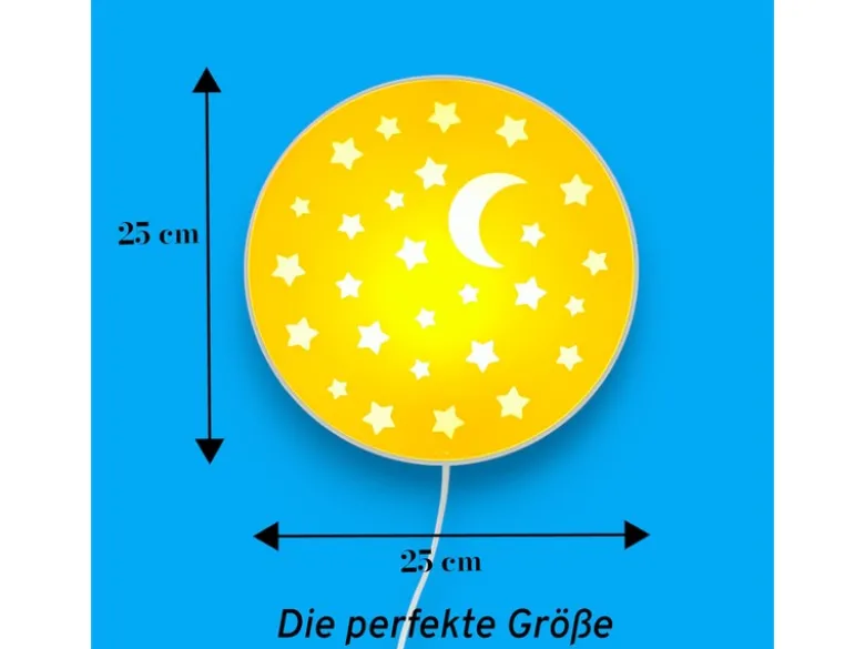 Kinderzimmer Wandlampe Mond & Sterne Gelb, Schalter & Stecker, Ø25cm