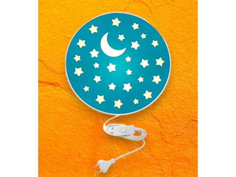 Kinderzimmer Wandlampe Mond & Sterne Blau, Schalter & Stecker Ø 25cm