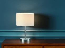 Klassische LED Tischleuchte Silber mit Stoffschirm weiß, Höhe 32cm