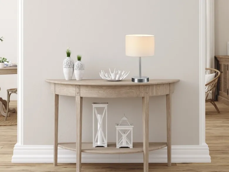 Klassische LED Tischleuchte Silber mit Stoffschirm weiß, Höhe 32cm