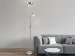 Klassischer LED Deckenfluter mit Leselampe in Silber matt, Höhe 181,5cm