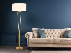 Klassische Stehlampe Messing & Stoff Lampenschirm Weiß mit E27 LED, Höhe 160cm