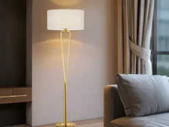 Klassische Stehlampe Messing & Stoff Lampenschirm Weiß mit E27 LED, Höhe 160cm