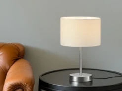 Klassische Tischleuchte HOTEL Silber mit Stoffschirm Weiß, Höhe 32cm
