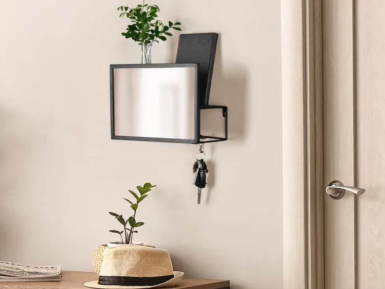 Kleine Wandgarderobe MIMI Metall Schwarz mit Spiegel und Ablage, Breite 34cm