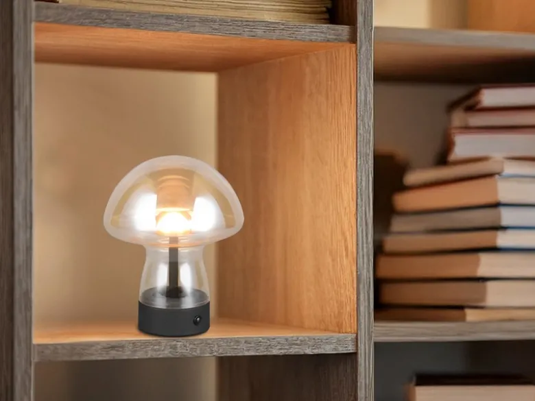 Kleine Akku Tischlampe DOOLEY aus Glas Bernsteinfarben, Höhe 18cm