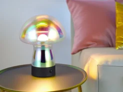 Kleine Akku Tischlampe DOOLEY aus irisierendem Glas, Höhe 18cm