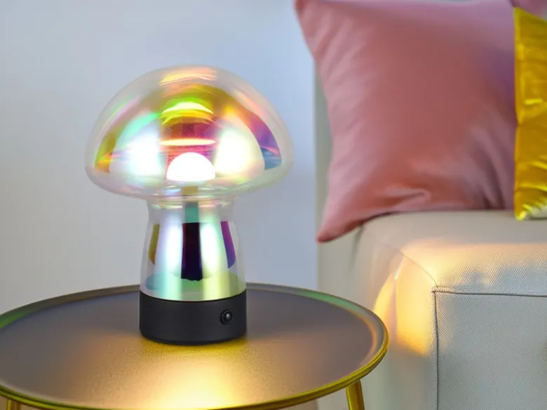 Kleine Akku Tischlampe DOOLEY aus irisierendem Glas, Höhe 18cm