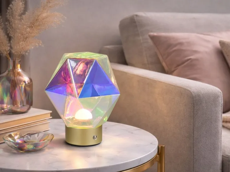 Kleine ausgefallene Akku Tischlampe STAVRO USB aufladbar, Glas bunt, Höhe 17,5cm
