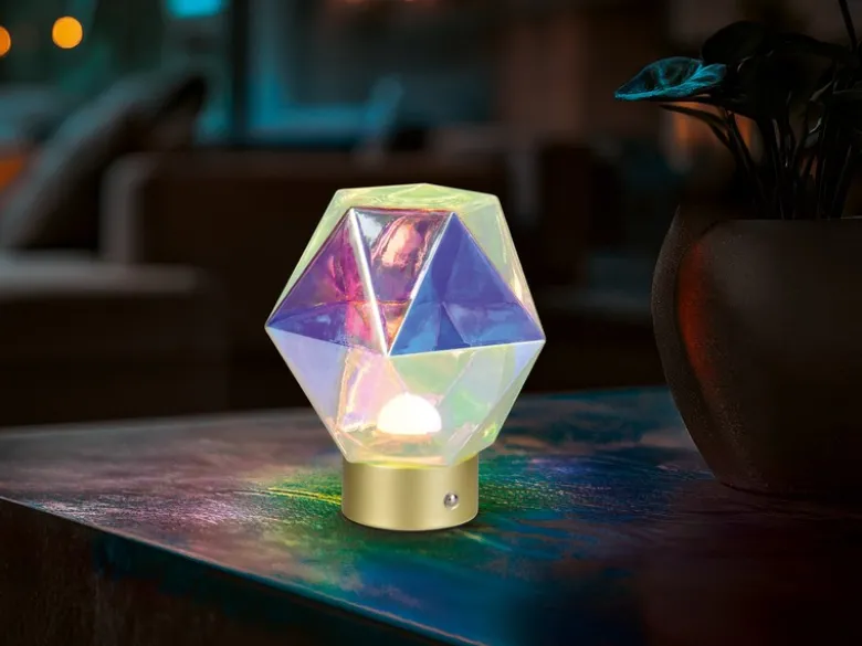 Kleine ausgefallene Akku Tischlampe STAVRO USB aufladbar, Glas bunt, Höhe 17,5cm