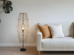 Kleine Boho LED Stehleuchte Lampenschirm geflochten aus Hanfseil, Höhe 120cm