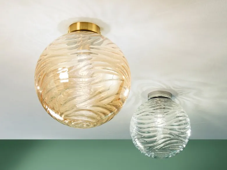 Kleine Deckenleuchte NEREIDE Glaskugel Wellenmuster Transparent, Ø 30cm