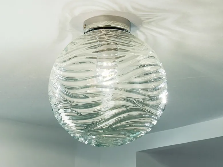 Kleine Deckenleuchte NEREIDE Glaskugel Wellenmuster Transparent, Ø 30cm