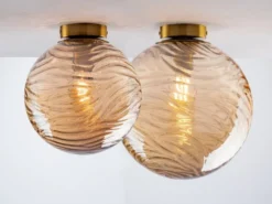Kleine Deckenleuchte NEREIDE Glaskugel Wellenmuster Champagner, Ø 30cm