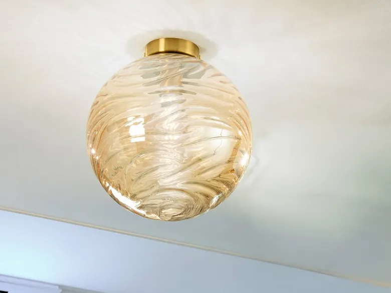 Kleine Deckenleuchte NEREIDE Glaskugel Wellenmuster Champagner, Ø 30cm