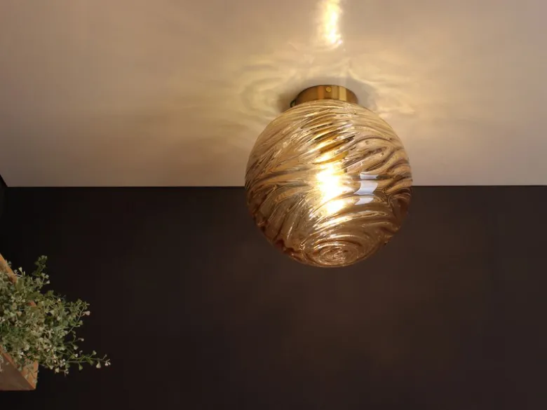 Kleine Deckenleuchte NEREIDE Glaskugel Wellenmuster Champagner, Ø 25cm