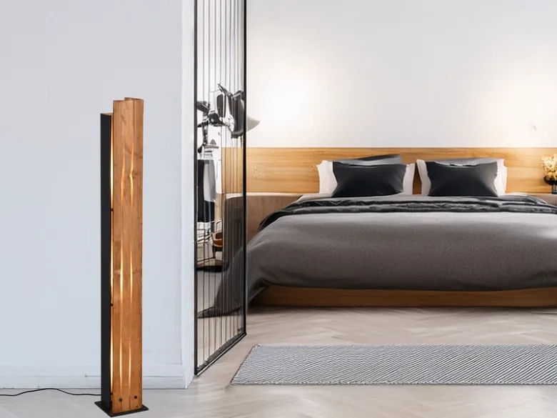 Kleine dimmbare LED Stehleuchte mit Naturholz, Höhe 120cm