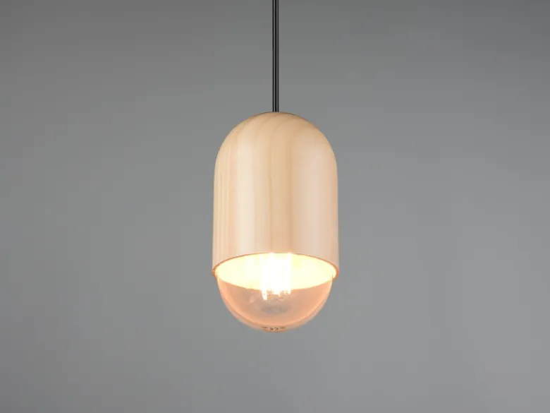 Kleine LED Pendelleuchte einflammig aus hellem Naturholz, Ø 10cm