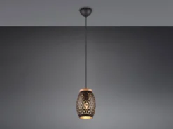 Kleine LED Pendelleuchte in Schwarz/Gold mit ausgefallenem Stanzmuster, Ø 15cm