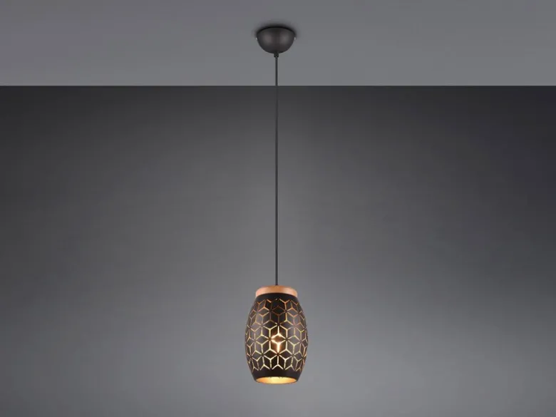 Kleine LED Pendelleuchte in Schwarz/Gold mit ausgefallenem Stanzmuster, Ø 15cm