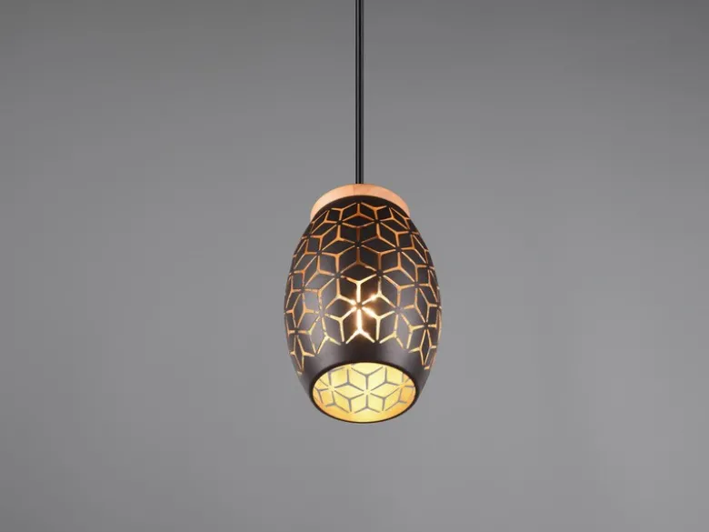 Kleine LED Pendelleuchte in Schwarz/Gold mit ausgefallenem Stanzmuster, Ø 15cm