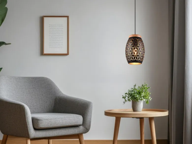 Kleine LED Pendelleuchte in Schwarz/Gold mit ausgefallenem Stanzmuster, Ø 15cm
