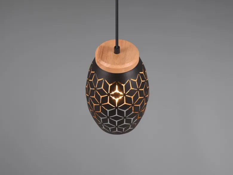 Kleine LED Pendelleuchte in Schwarz/Gold mit ausgefallenem Stanzmuster, Ø 15cm