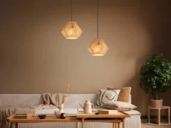 Kleine LED Pendelleuchte mit Lampenschirm aus geflochtenem Papiergarn, Ø 20cm