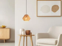 Kleine LED Pendelleuchte mit Lampenschirm aus geflochtenem Papiergarn, Ø 20cm