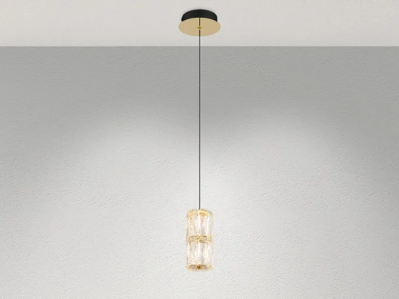 Kleine LED Pendelleuchte STEFANIE aus Metall in Gold mit Glaskristallen, Ø 12cm