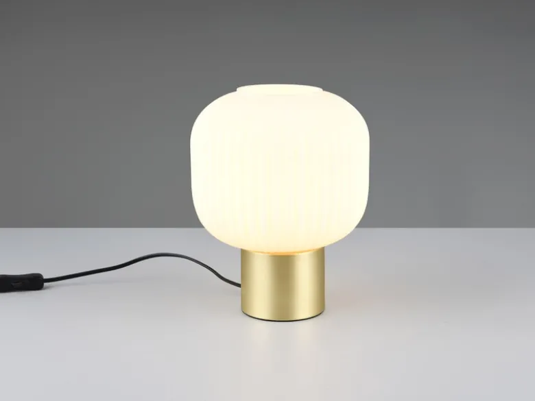 Kleine LED Retro Tischleuchte Messing mit Glasschirm in Weiß, Höhe 26cm