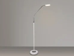Kleine LED Stehlampe SANDOR Leselampe dimmbar aus Metall Weiß & Chrom Höhe 130cm