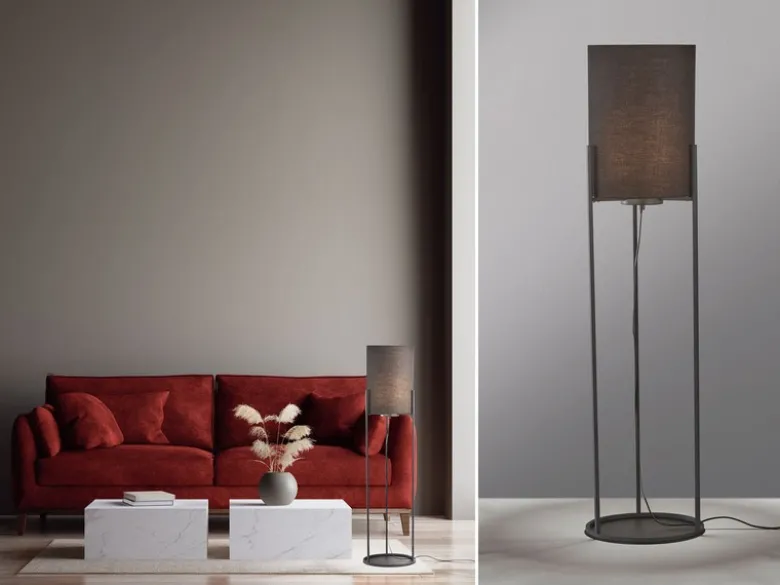 Kleine LED Stehlampe Schwarz mit Stoffschirm innen Gold, Höhe 114cm