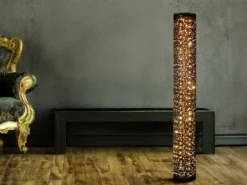 Kleine LED Stehlampe TACO mit Starlight Effekt, Stoff Schwarz Gold, Höhe 103cm
