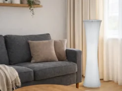 Kleine LED Stehleuchte Lichtsäule aus Stoff in Weiß Zylinder, Höhe 123cm