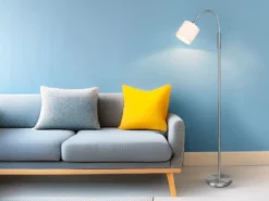 Kleine LED Stehleuchte Silber mit Flexarm und Stoffschirm Weiß, Höhe 130cm