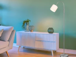 Kleine LED Stehleuchte Silber mit Flexarm und Stoffschirm Weiß, Höhe 130cm