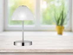 Kleine LED Tischlampe QUEEN dimmbar, Silber mit Glasschirm Weiß, Höhe 24cm