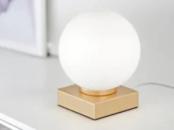 Kleine LED Tischleuchte Gold mit Glaskugel in Opalweiß, Höhe 17,5cm