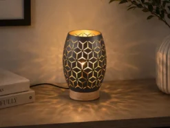 Kleine LED Tischleuchte in Schwarz/Gold mit ausgefallenem Stanzmuster, H: 21cm