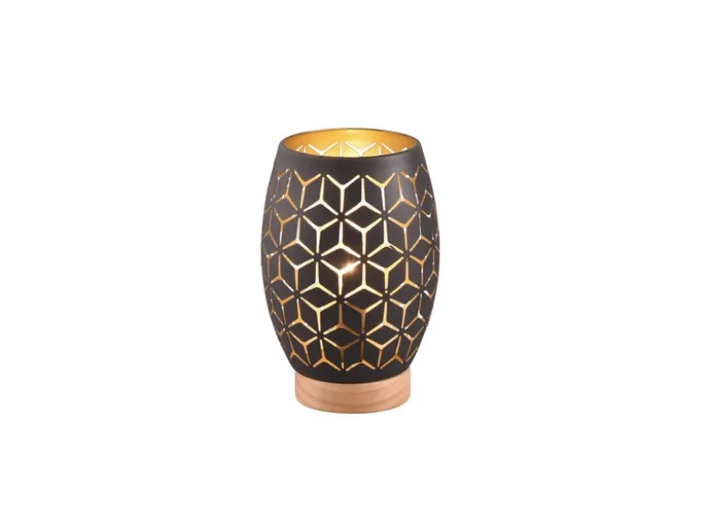 Kleine LED Tischleuchte in Schwarz/Gold mit ausgefallenem Stanzmuster, H: 21cm