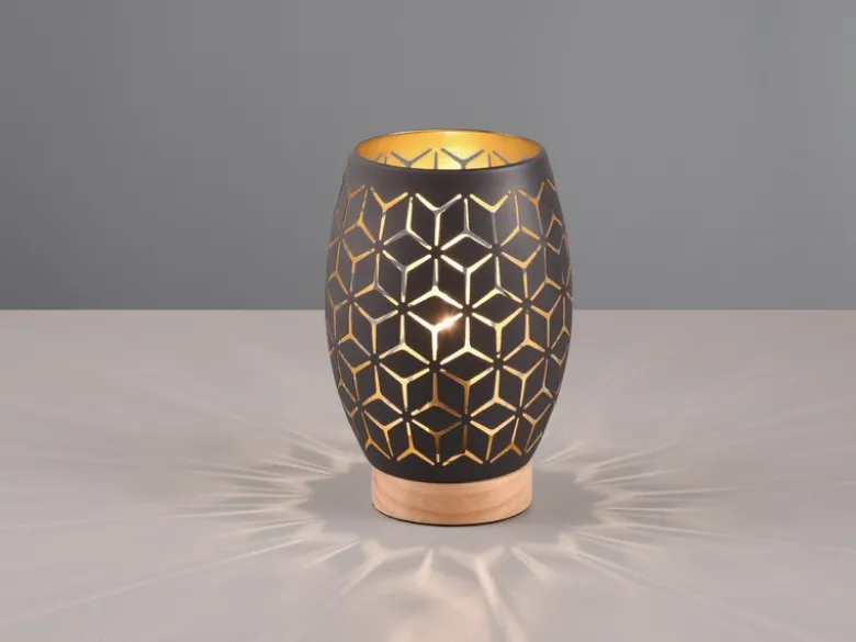 Kleine LED Tischleuchte in Schwarz/Gold mit ausgefallenem Stanzmuster, H: 21cm