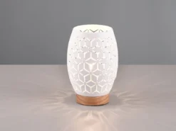 Kleine LED Tischleuchte in Weiß mit ausgefallenem Stanzmuster, H: 21cm