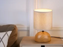 Kleine LED Tischleuchte Keramik in Holzoptik Stoffschirm Beige, Höhe 23cm